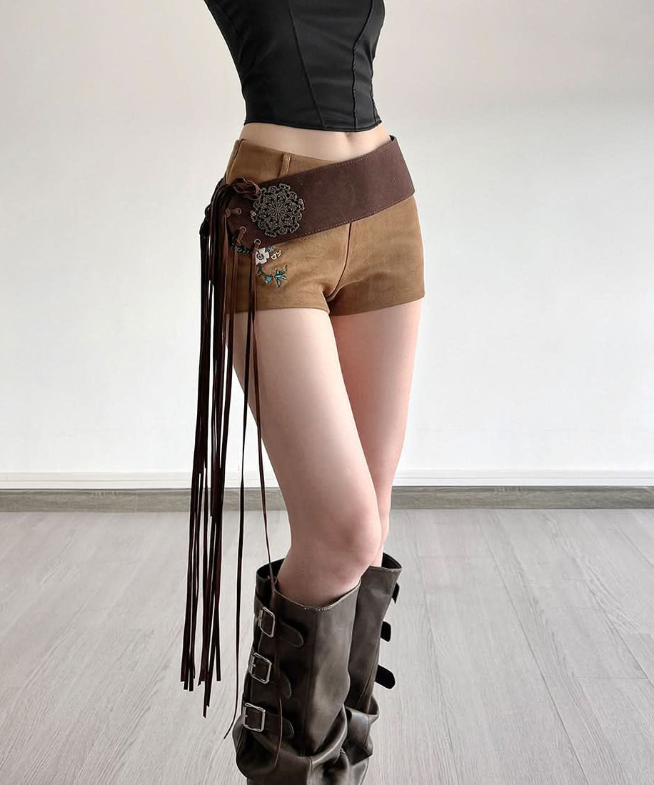 Fall Boho Faux Suede High-Waist Shorts with Statement Fringe Belt & Embroidery