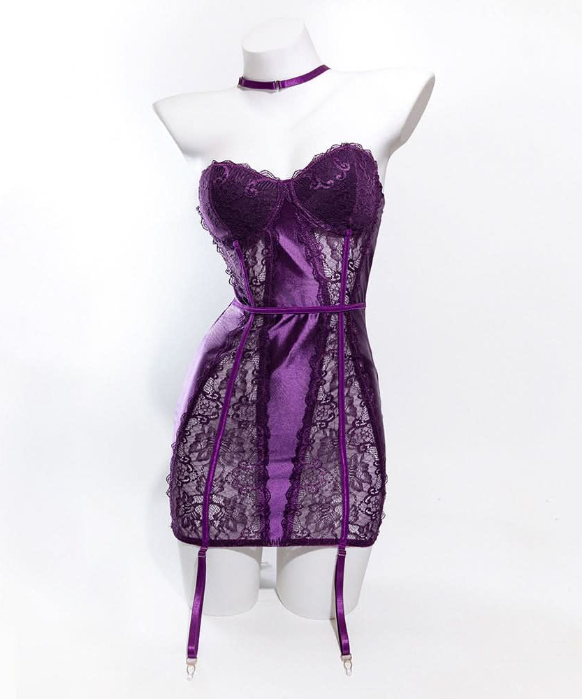 Enchanting Plum Nights Strapless Satin & Lace Babydoll with Garters