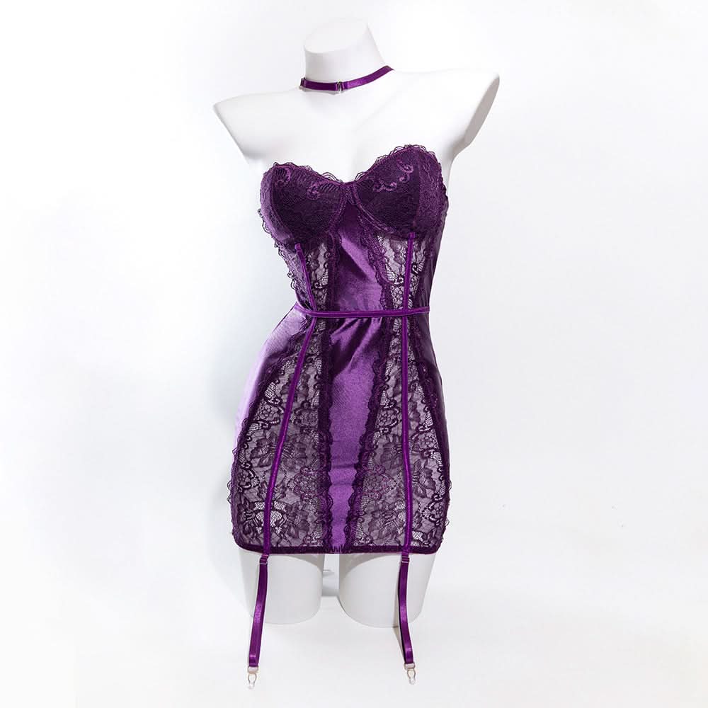 Enchanting Plum Nights Strapless Satin & Lace Babydoll with Garters