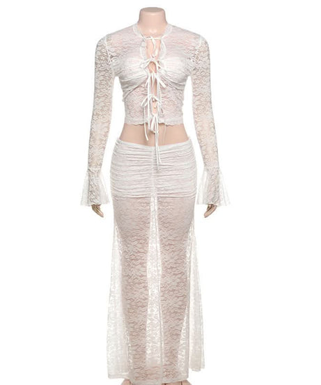 Fall Escape Ready: Dreamy White Lace Maxi Set - Long Sleeve Crop Top & Sheer Skirt