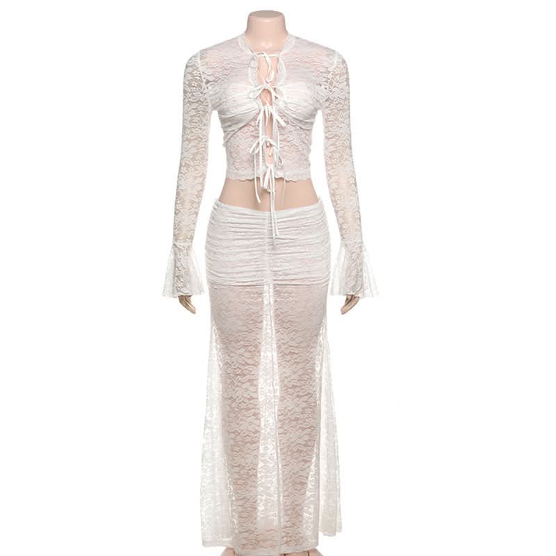 Fall Escape Ready: Dreamy White Lace Maxi Set - Long Sleeve Crop Top & Sheer Skirt