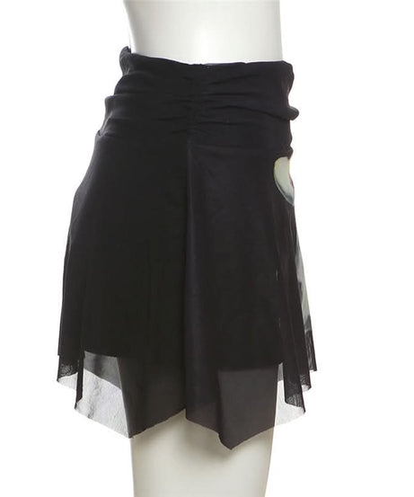 Dark Bloom Asymmetrical Mesh Mini Skirt | Ruched Floral Party Skirt for Fall Nights