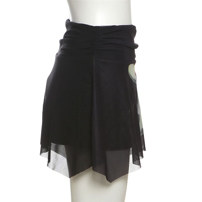 Dark Bloom Asymmetrical Mesh Mini Skirt | Ruched Floral Party Skirt for Fall Nights