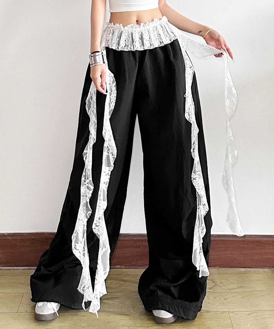 Gothic Romance Lace Ruffle Wide-Leg Pants - Dark Academia & Fall Fashion Essential
