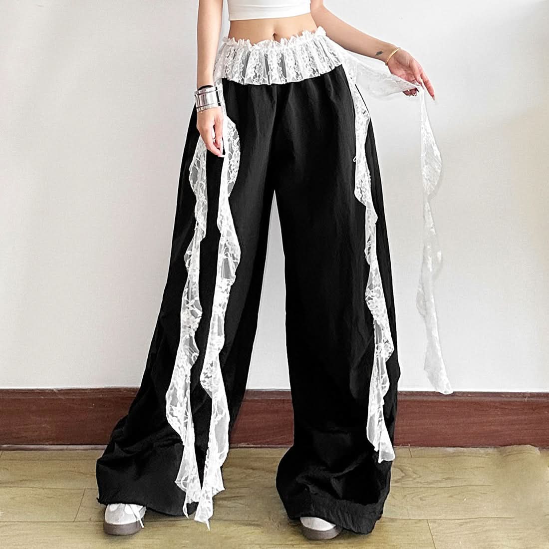 Gothic Romance Lace Ruffle Wide-Leg Pants - Dark Academia & Fall Fashion Essential