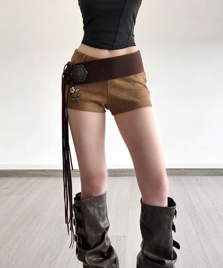 Fall Boho Faux Suede High-Waist Shorts with Statement Fringe Belt & Embroidery