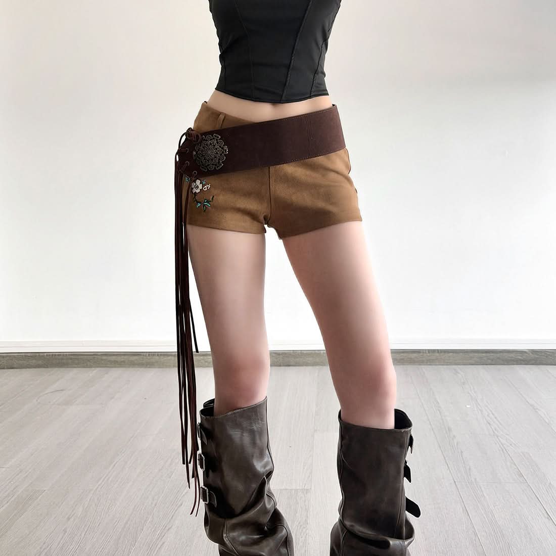 Fall Boho Faux Suede High-Waist Shorts with Statement Fringe Belt & Embroidery