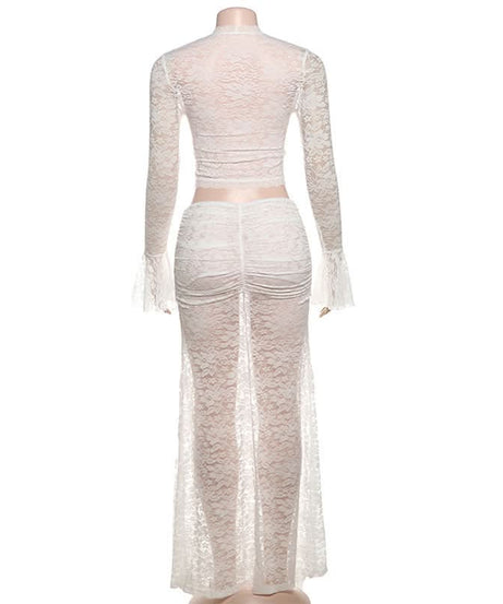 Fall Escape Ready: Dreamy White Lace Maxi Set - Long Sleeve Crop Top & Sheer Skirt
