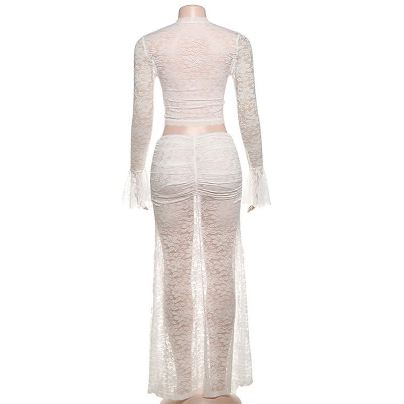 Fall Escape Ready: Dreamy White Lace Maxi Set - Long Sleeve Crop Top & Sheer Skirt