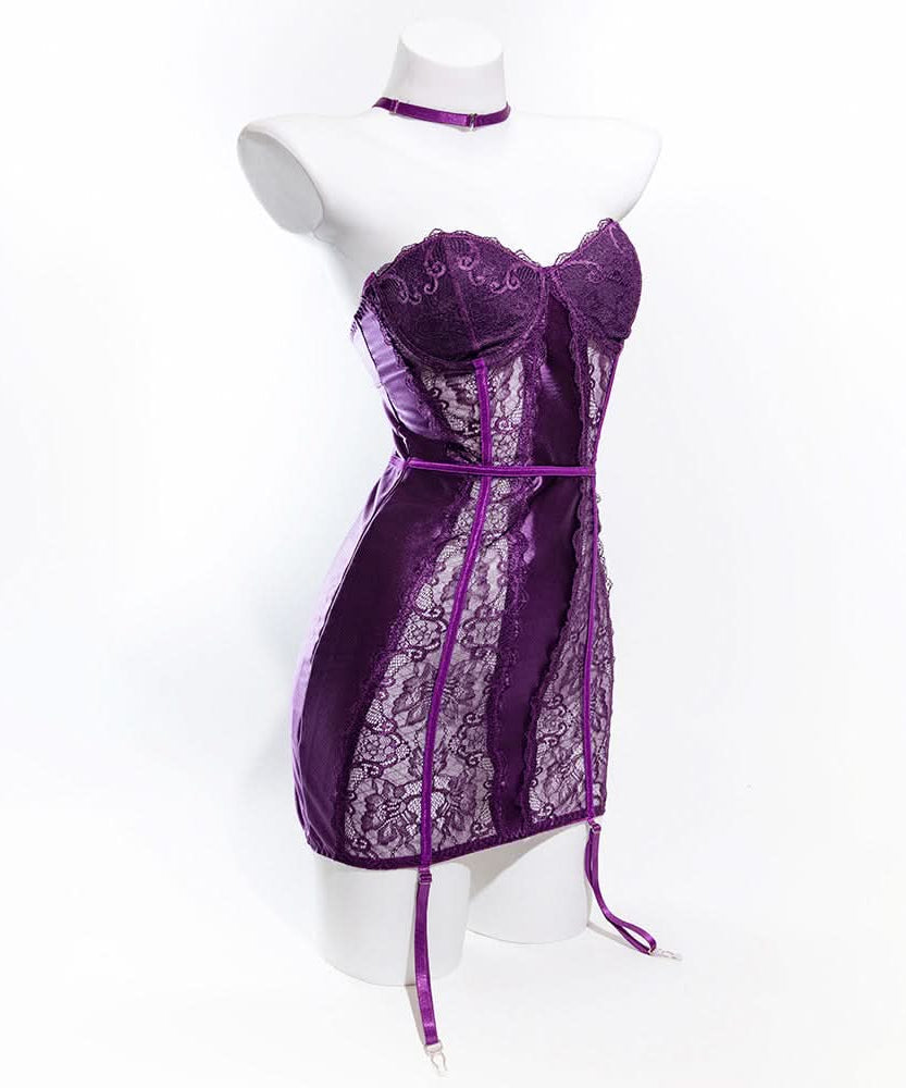 Enchanting Plum Nights Strapless Satin & Lace Babydoll with Garters