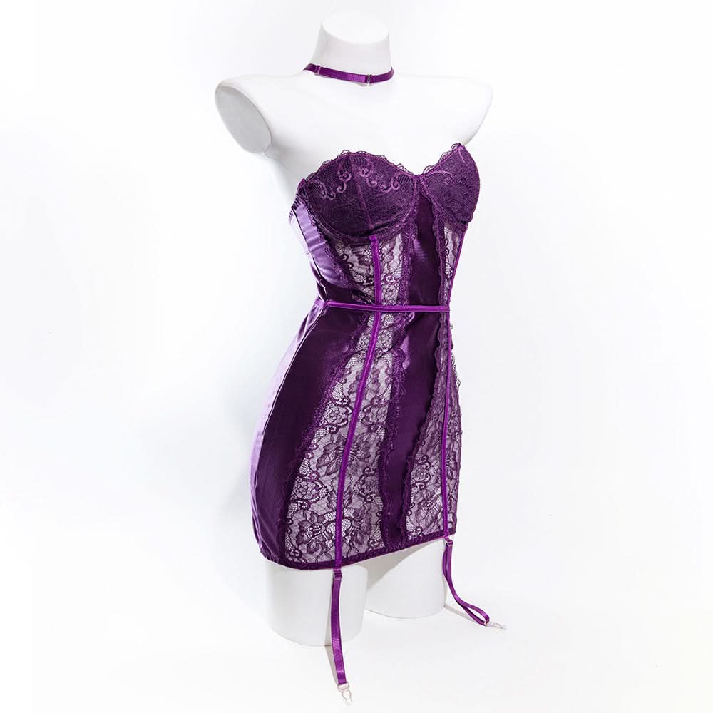 Enchanting Plum Nights Strapless Satin & Lace Babydoll with Garters