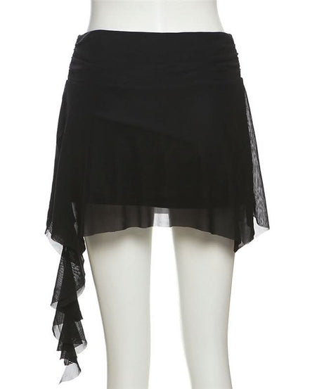 Dark Bloom Asymmetrical Mesh Mini Skirt | Ruched Floral Party Skirt for Fall Nights
