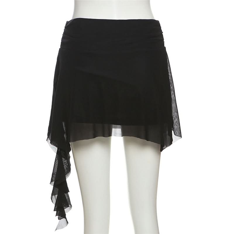 Dark Bloom Asymmetrical Mesh Mini Skirt | Ruched Floral Party Skirt for Fall Nights