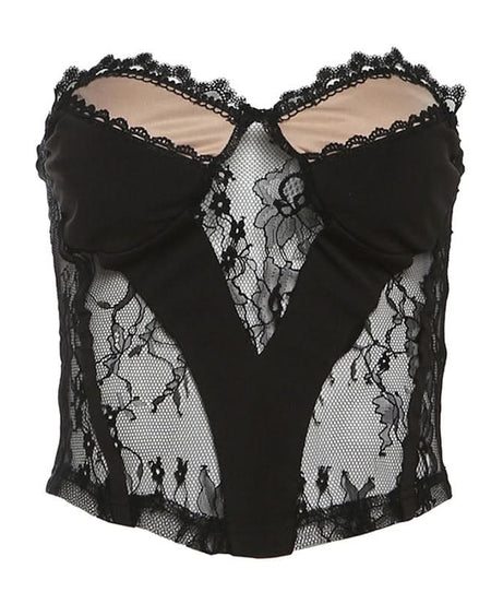 Sultry Black Lace Corset Top | Strapless Sweetheart Bustier for Fall Nights, Halloween & Holiday Parties