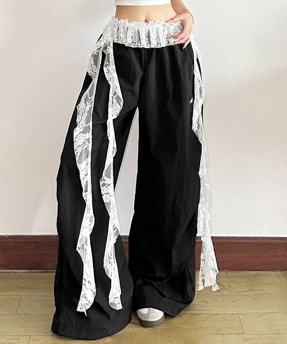 Gothic Romance Lace Ruffle Wide-Leg Pants - Dark Academia & Fall Fashion Essential