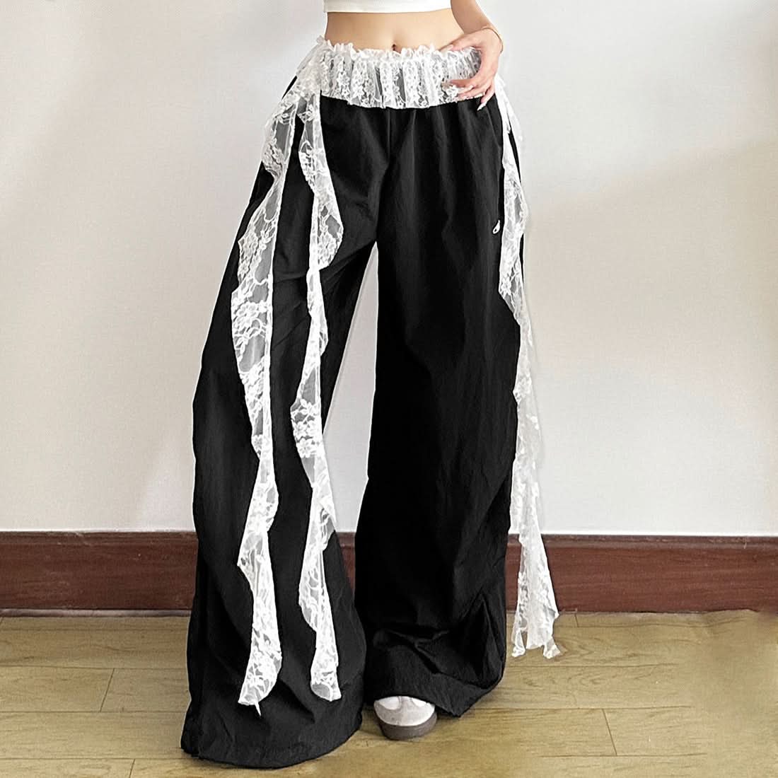 Gothic Romance Lace Ruffle Wide-Leg Pants - Dark Academia & Fall Fashion Essential