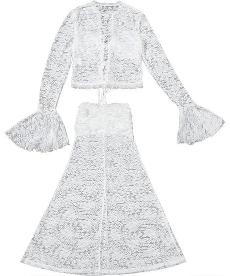 Fall Escape Ready: Dreamy White Lace Maxi Set - Long Sleeve Crop Top & Sheer Skirt