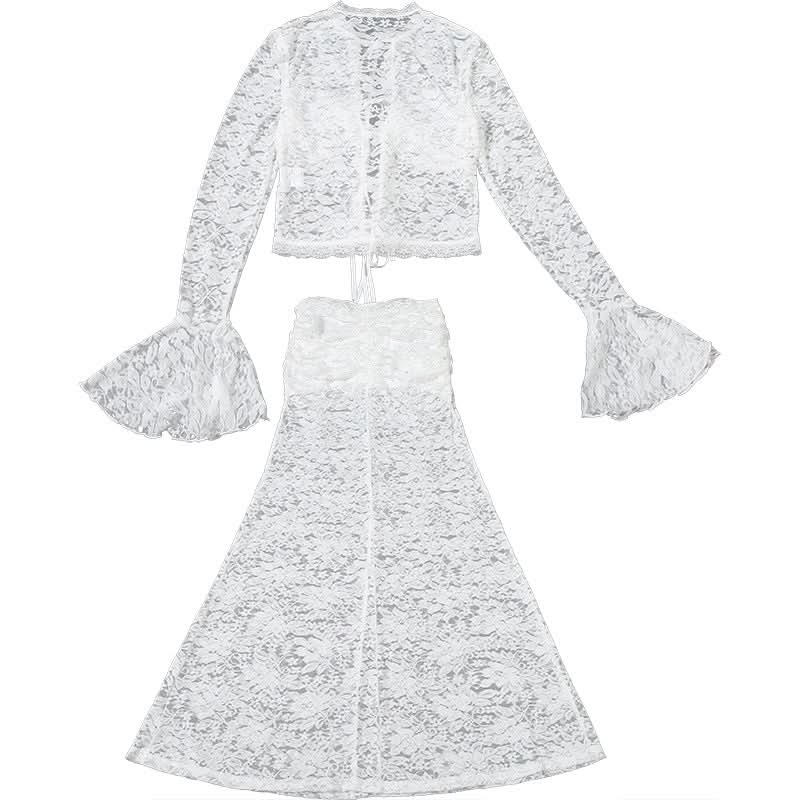 Fall Escape Ready: Dreamy White Lace Maxi Set - Long Sleeve Crop Top & Sheer Skirt