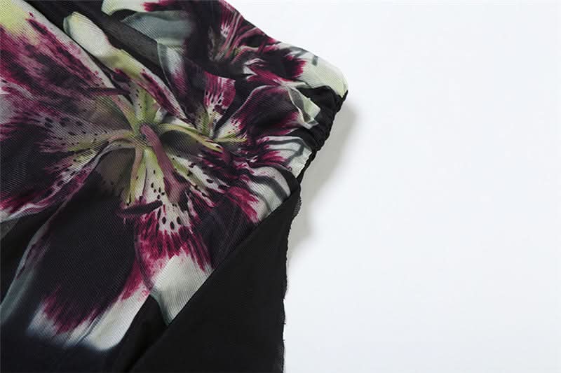 Dark Bloom Asymmetrical Mesh Mini Skirt | Ruched Floral Party Skirt for Fall Nights