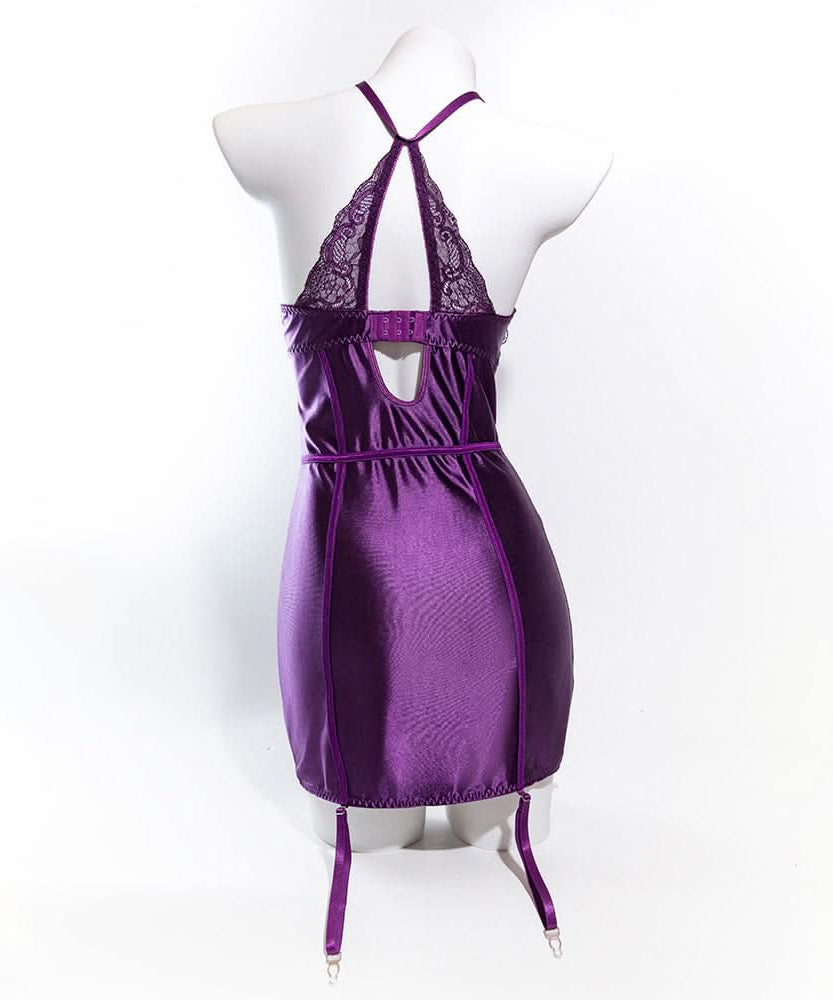 Enchanting Plum Nights Strapless Satin & Lace Babydoll with Garters