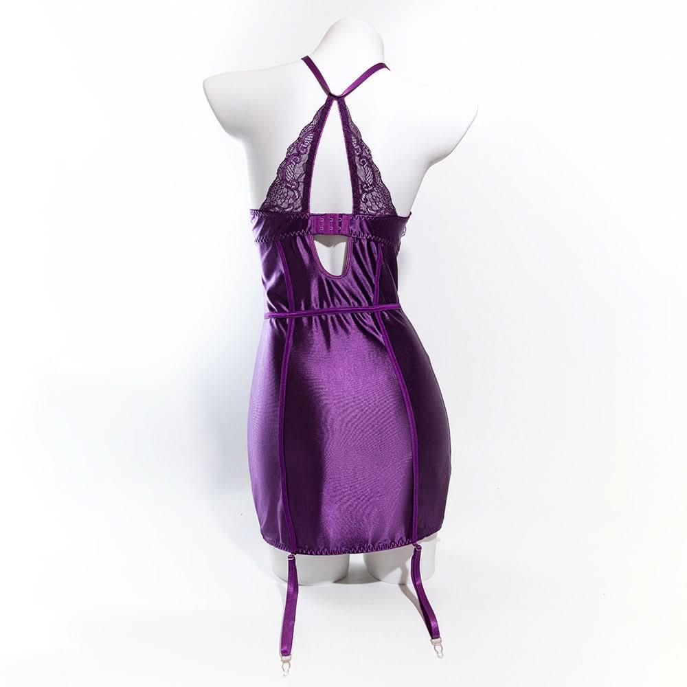 Enchanting Plum Nights Strapless Satin & Lace Babydoll with Garters