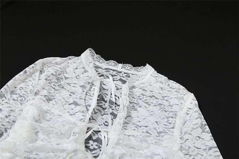 Fall Escape Ready: Dreamy White Lace Maxi Set - Long Sleeve Crop Top & Sheer Skirt