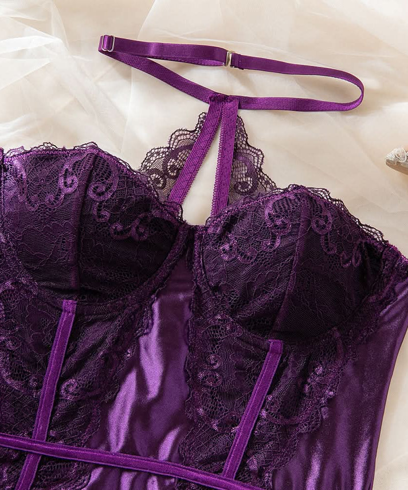 Enchanting Plum Nights Strapless Satin & Lace Babydoll with Garters