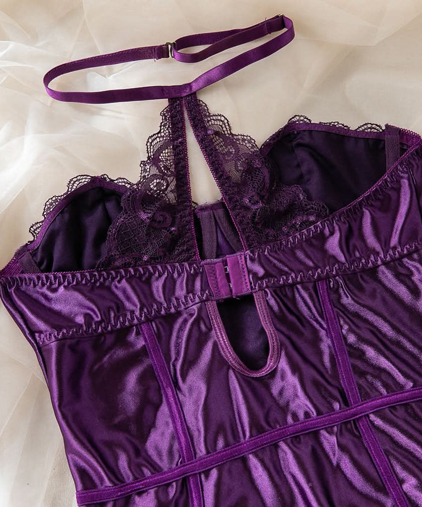 Enchanting Plum Nights Strapless Satin & Lace Babydoll with Garters