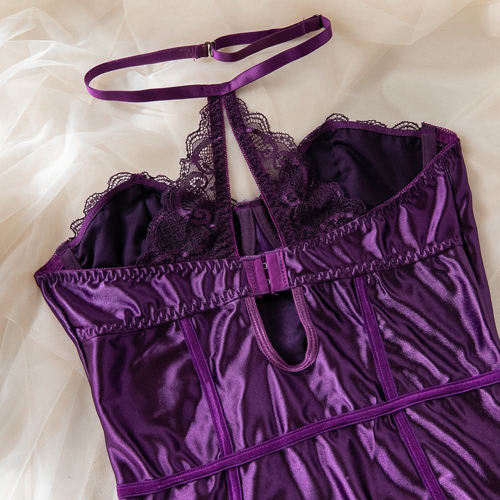Enchanting Plum Nights Strapless Satin & Lace Babydoll with Garters