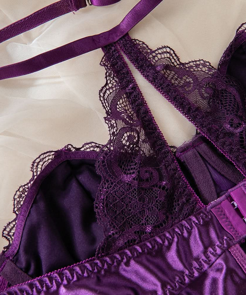 Enchanting Plum Nights Strapless Satin & Lace Babydoll with Garters