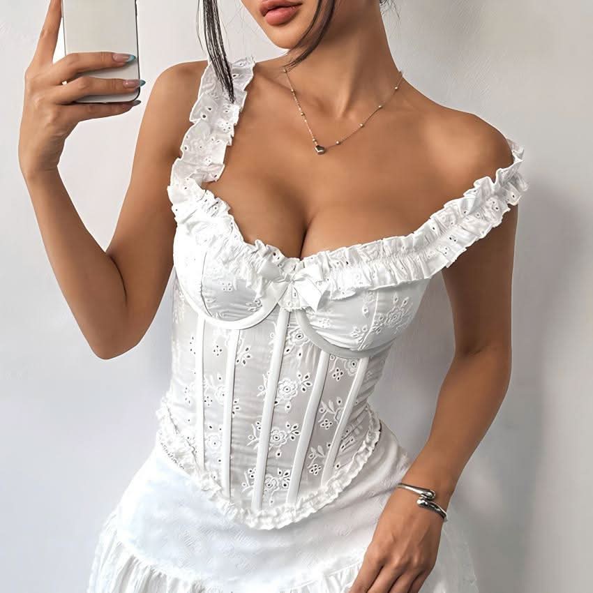 Chic Eyelet Ruffle Corset Top - White Bowknot Bustier for Romantic Styling