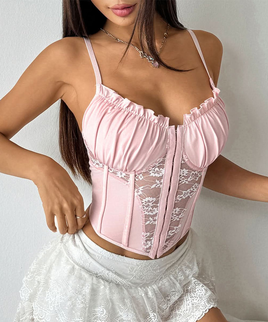 Sultry Wine Red Corset Cami Top - Luxe Satin & Lace Bustier for Fall Nights & Parties