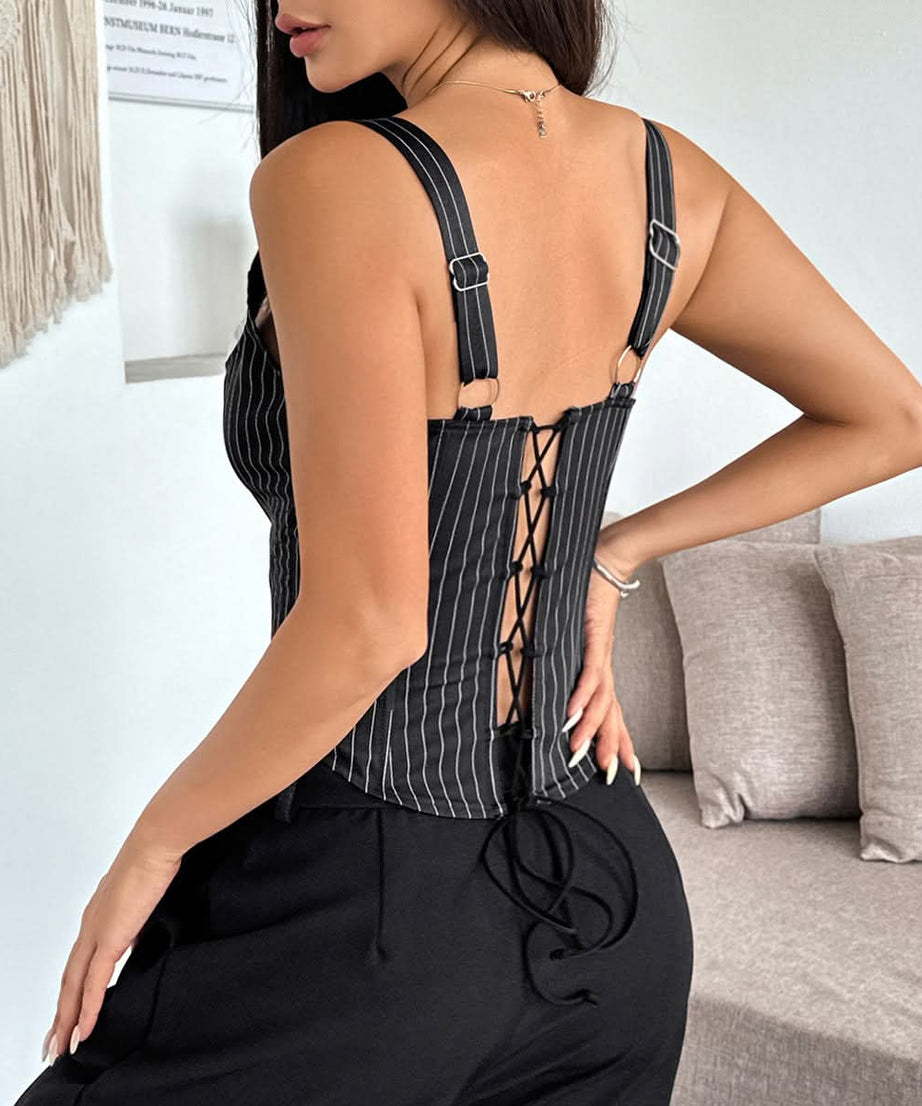 American Chic Pinstripe Corset Top - Ruffle Lace-Up Bustier for Fall & Holiday Style