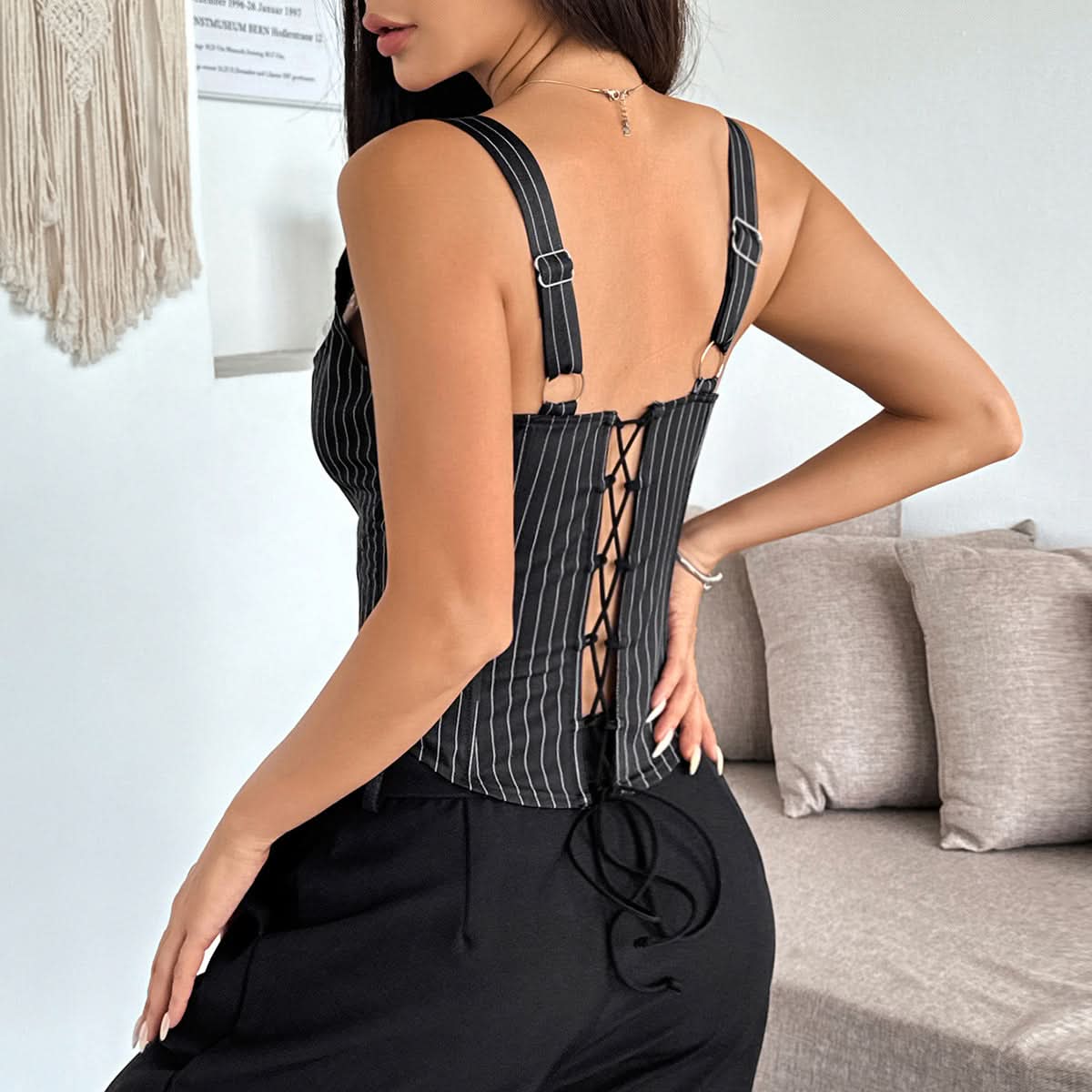 American Chic Pinstripe Corset Top - Ruffle Lace-Up Bustier for Fall & Holiday Style
