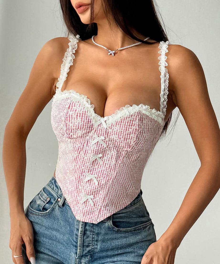 Coquette Dream: Striped Sweetheart Lace Cami Top with Bow Details - Perfect for Fall Styling
