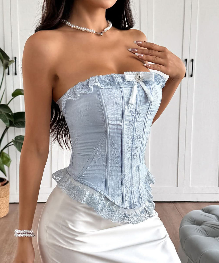 Enchanting Sky Blue Lace Corset Bustier Top | Strapless Bow Detail | Fall & Holiday Chic