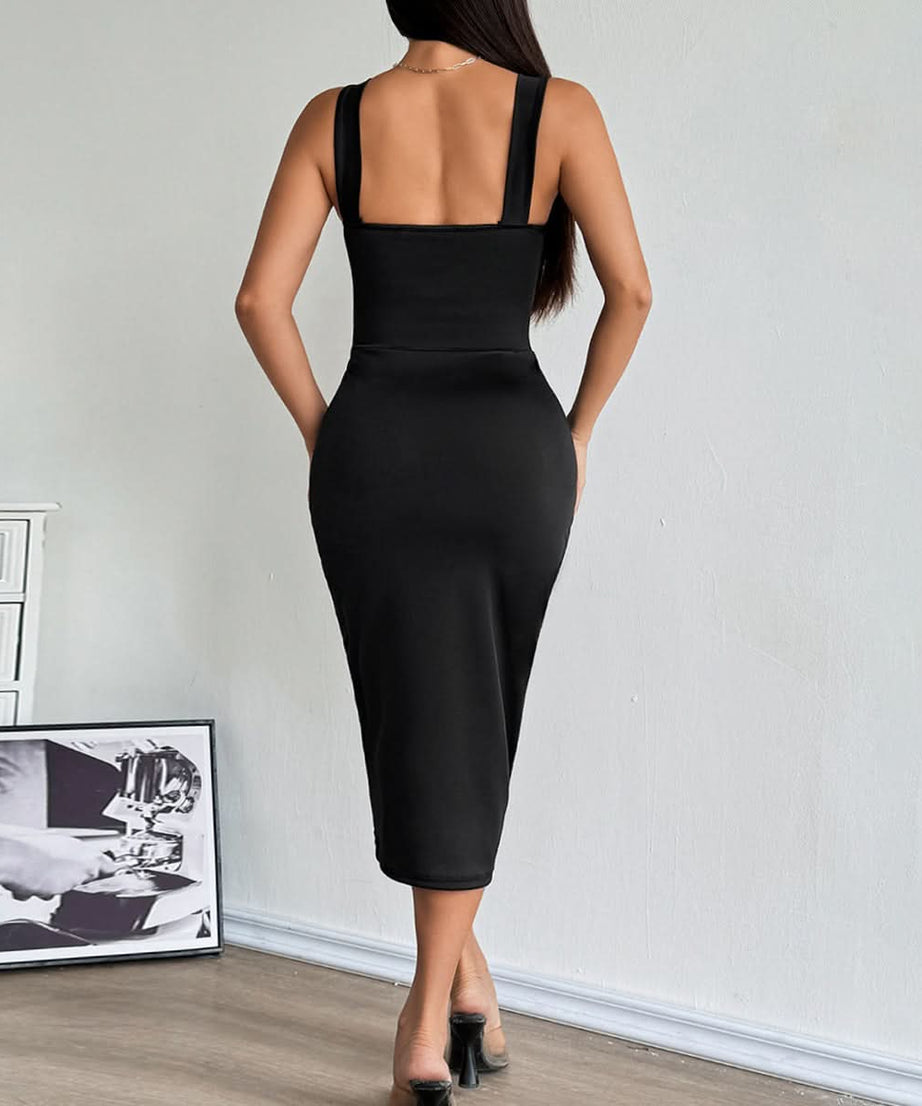 Sultry Corset-Style Mesh Ruched Bodycon Midi Dress – Your Ultimate Fall & Holiday Party Statement