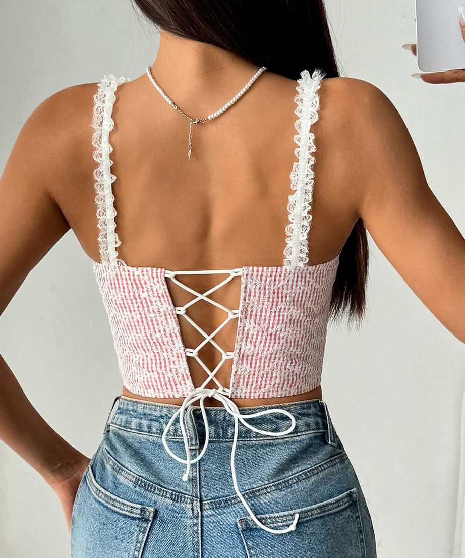 Coquette Dream: Striped Sweetheart Lace Cami Top with Bow Details - Perfect for Fall Styling