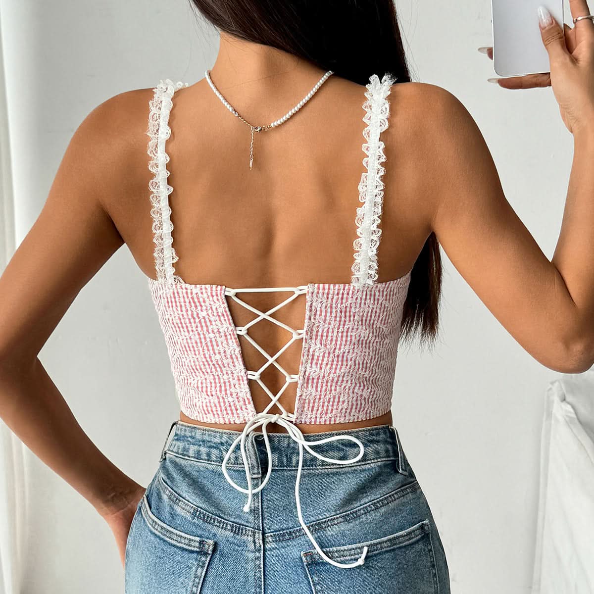 Coquette Dream: Striped Sweetheart Lace Cami Top with Bow Details - Perfect for Fall Styling