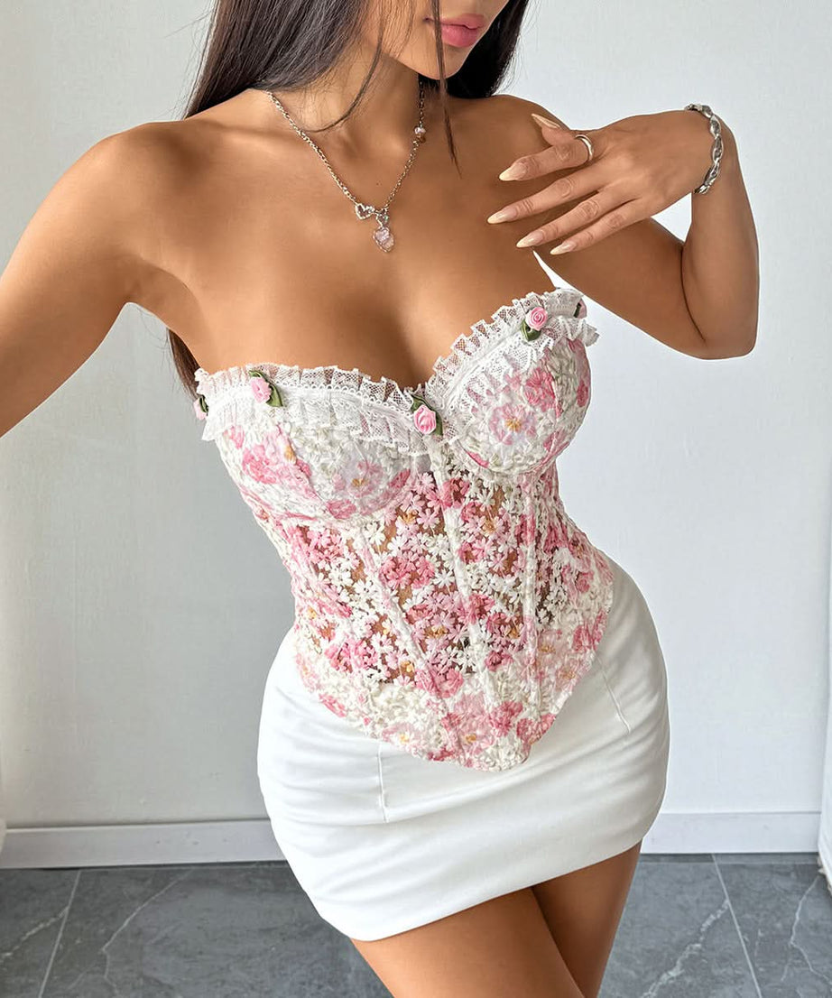 Sweetheart Floral Crochet Corset Top - Strapless Y2K Bustier for Fall Layering