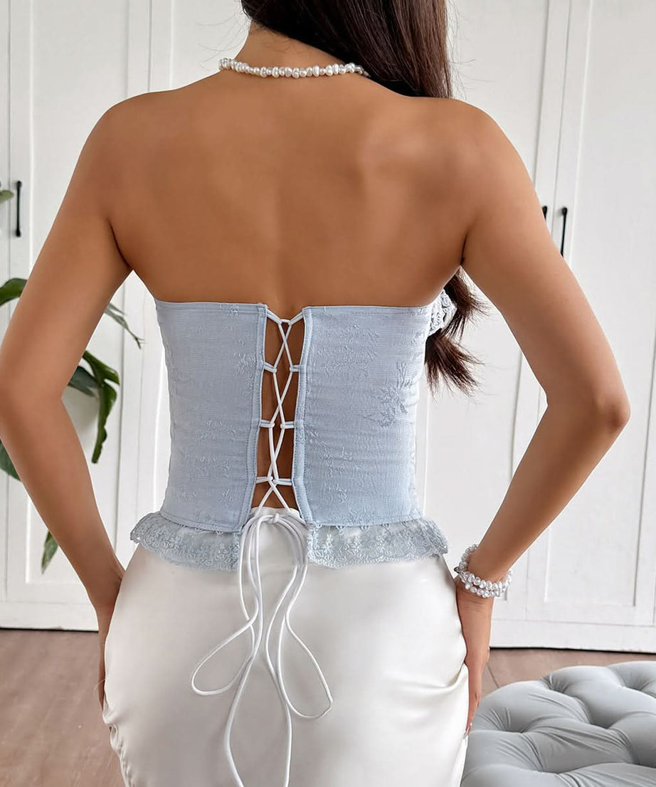 Enchanting Sky Blue Lace Corset Bustier Top | Strapless Bow Detail | Fall & Holiday Chic