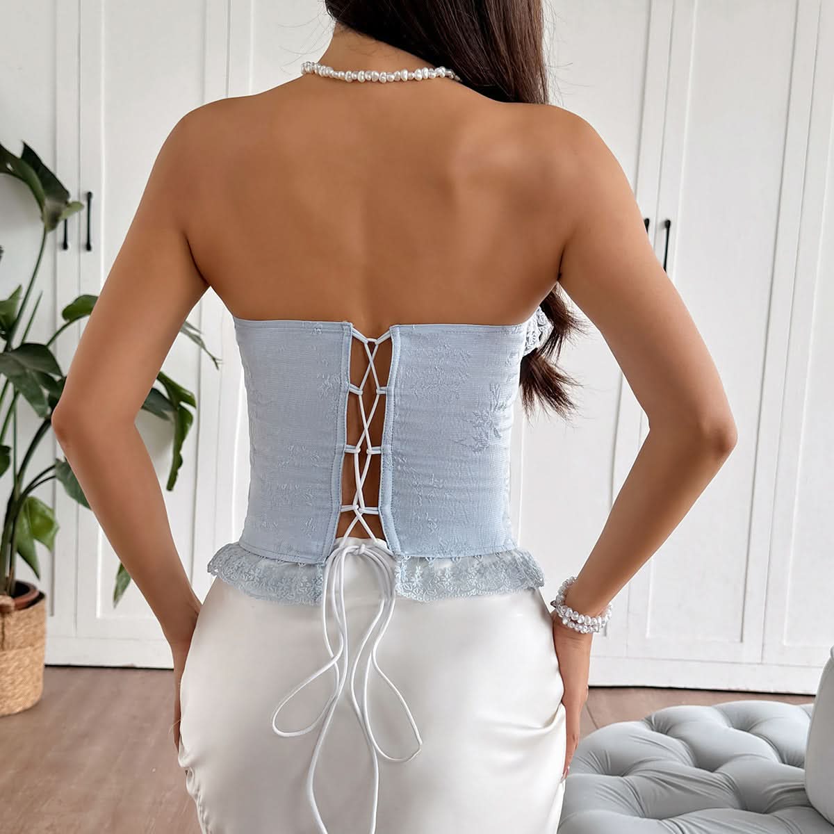 Enchanting Sky Blue Lace Corset Bustier Top | Strapless Bow Detail | Fall & Holiday Chic