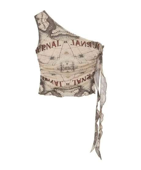 Edgy Journal Print One-Shoulder Crop Top - Your Fall Fashion Statement