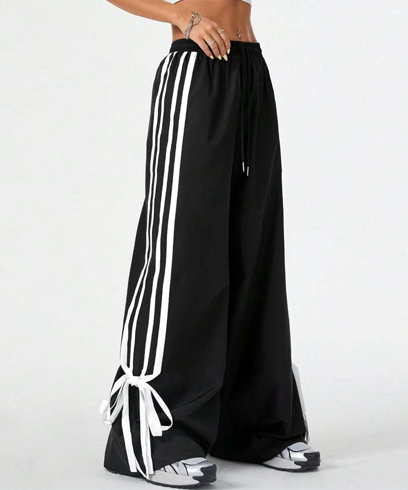 Fall Style Essential: Women's Striped Wide Leg Drawstring Pants with Chic Self-Tie Cuffs