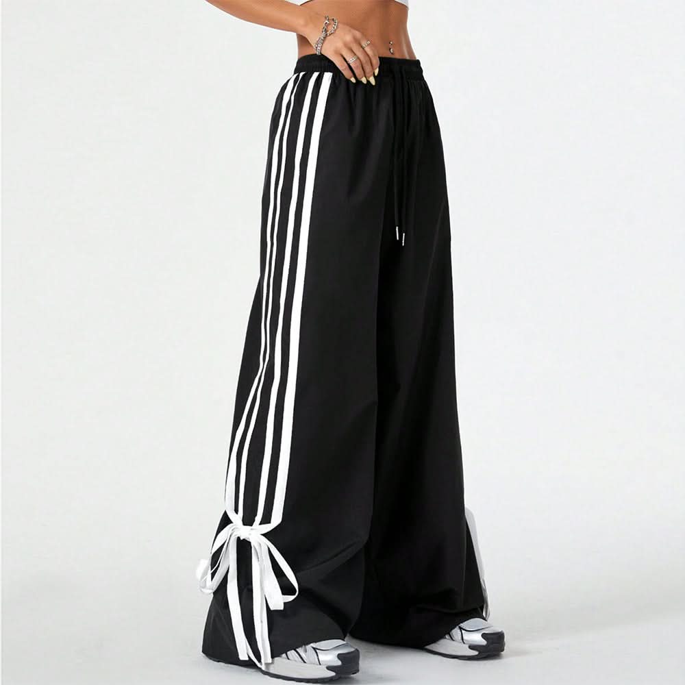 Fall Style Essential: Women's Striped Wide Leg Drawstring Pants with Chic Self-Tie Cuffs