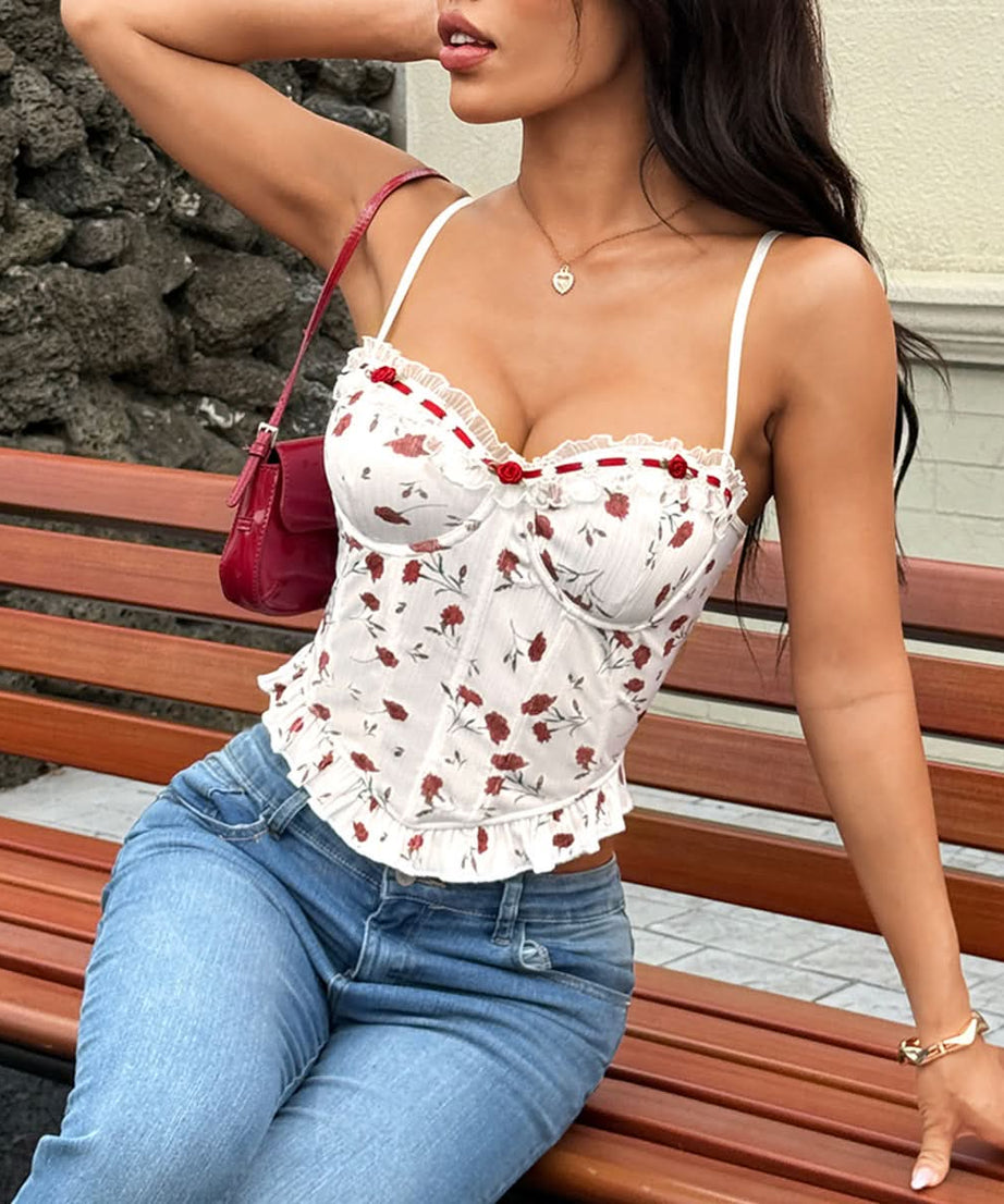 Sweetheart Rose Floral Bustier Cami Top - Autumn Chic & Layering Essential