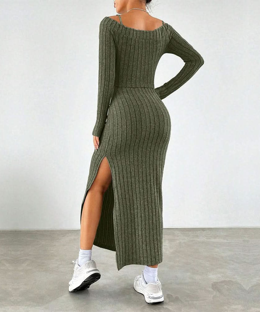 Fall Chic Ribbed Knit Two-Piece Set: Off-Shoulder Top & Side Slit Maxi Skirt