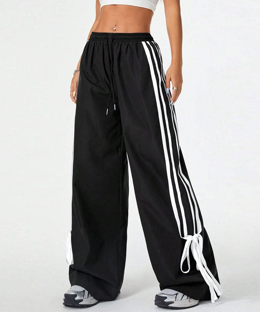 Fall Style Essential: Women's Striped Wide Leg Drawstring Pants with Chic Self-Tie Cuffs