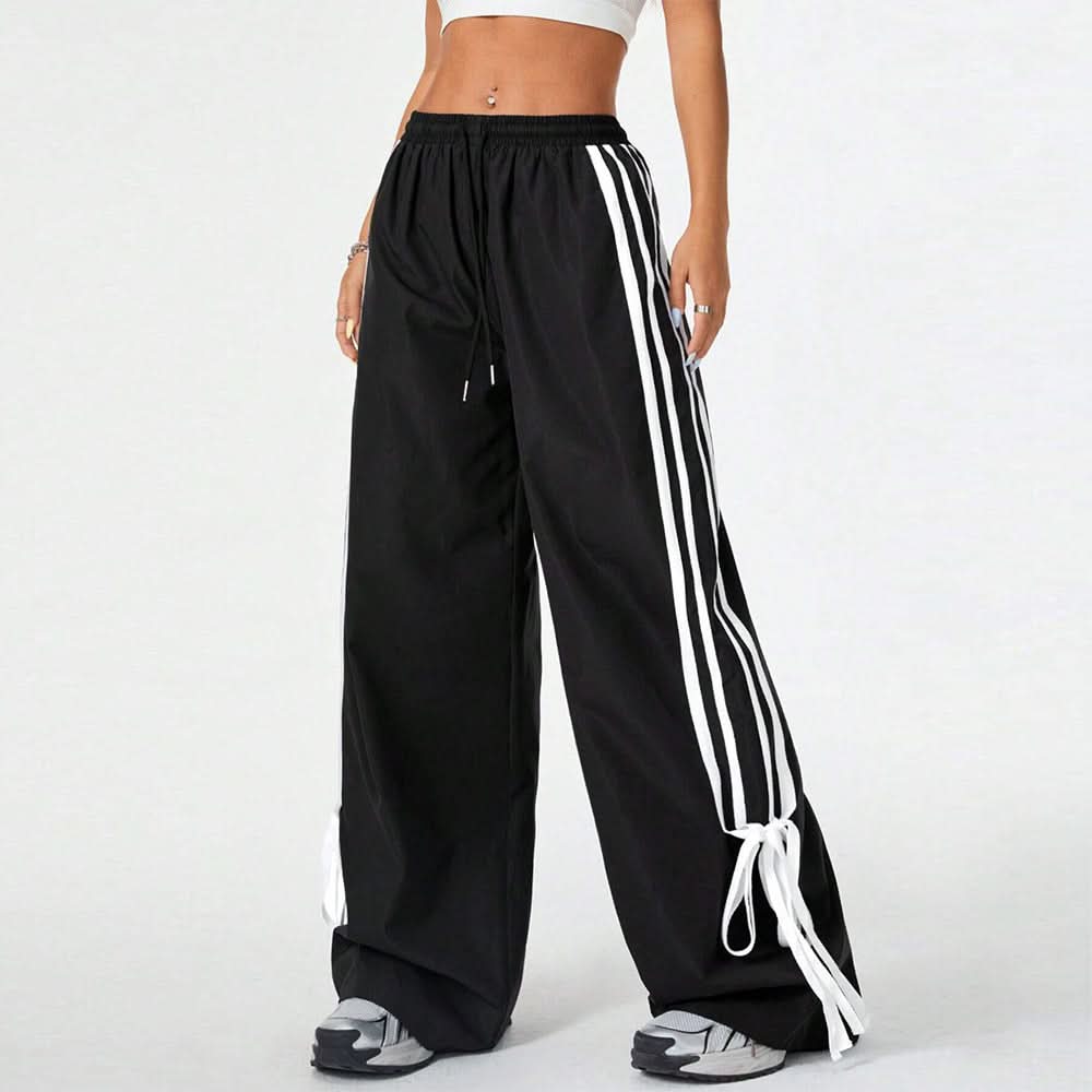 Fall Style Essential: Women's Striped Wide Leg Drawstring Pants with Chic Self-Tie Cuffs