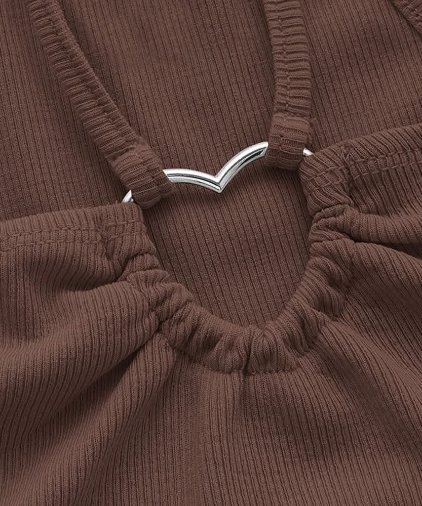 Trendy Black Ribbed Halter Crop Top with Front Ring Detail | Chic Fall Outings & Layering